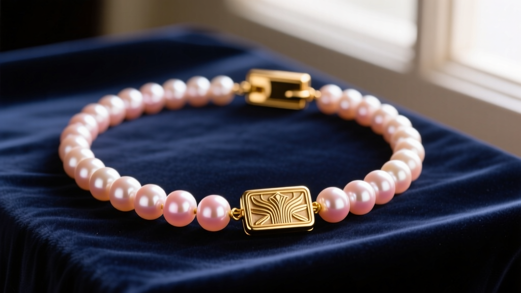 Vintage 1950s Akoya pearl necklace on dark velvet, highlighting warm rosé overtones and an ornate 14k gold push-pull box clasp.