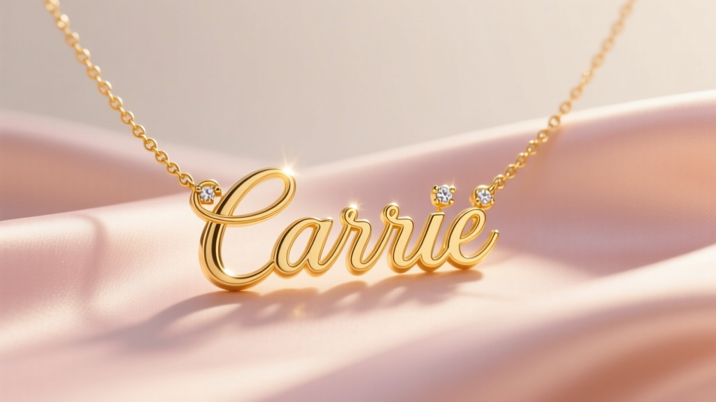 14k yellow gold cursive Carrie nameplate necklace with diamond accent resting on blush silk under warm studio lighting