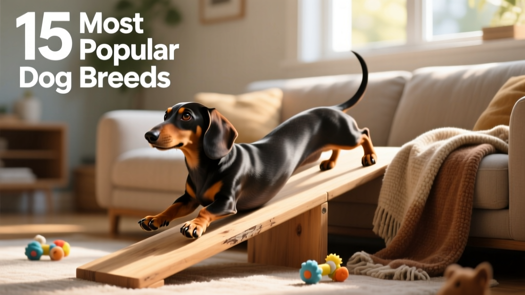 A playful Dachshund stretching on a cozy sofa beside a wooden ramp and soft blanket