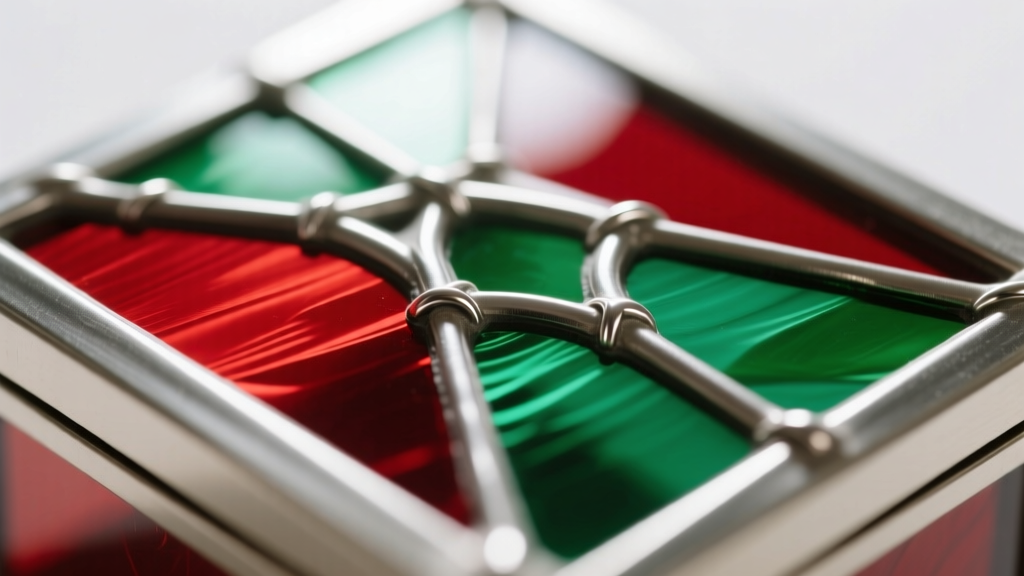 Close-up macro shot of smooth silver solder seams joining vibrant red and green cathedral glass pieces on a stained glass box lid