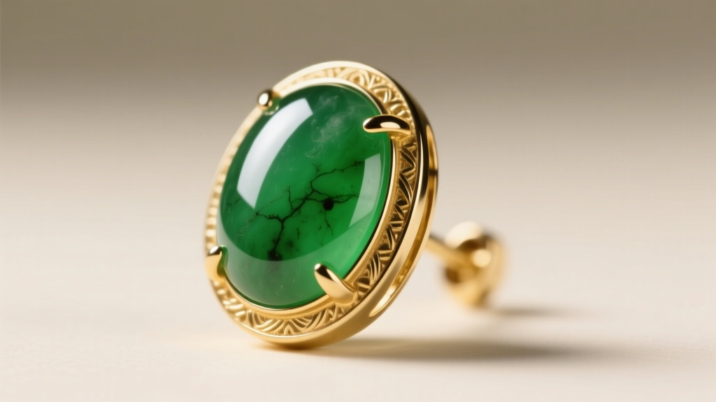Macro shot of Type A green jadeite cabochon in 18k gold bezel earring, showing translucent luster against soft studio lighting