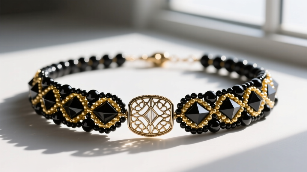 Close-up of a long 1920s Art Deco sautoir necklace featuring black and gold Czech glass seed beads with a filigree barrel clasp.