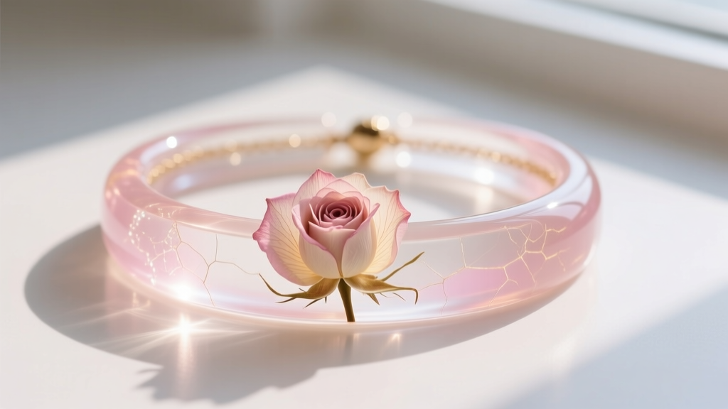 Macro shot of a translucent UV-cured resin choker flower necklace showing embedded dried baby