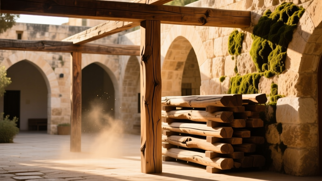 Weathered olive wood and rough-hewn cypress timber beams resting against ancient stone in a sunlit Jerusalem courtyard