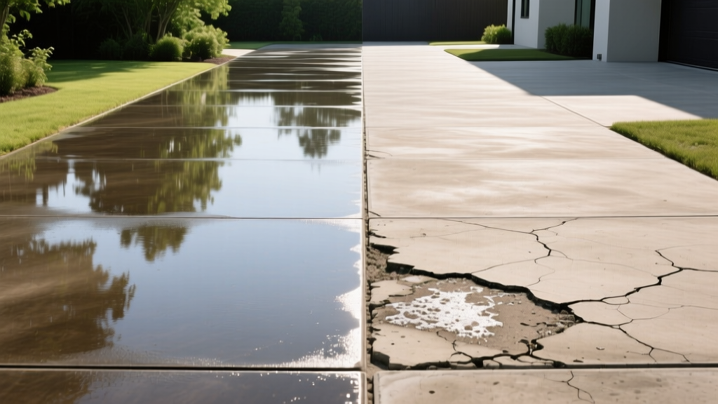 Split view comparing a rich, sealed concrete driveway with a wet-look finish next to a faded, porous unsealed concrete slab