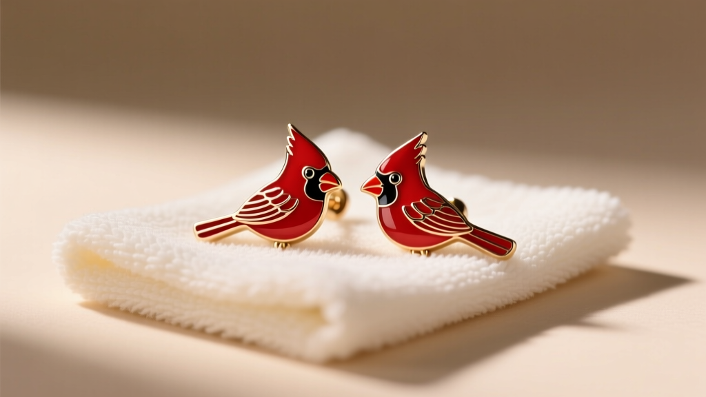 Red enamel cardinal stud earrings resting on a soft microfiber cleaning cloth, illuminated by warm directional studio lighting.