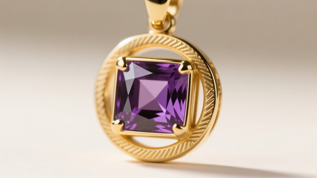 Close-up of a bezel setting on a gold Hoshen pendant, showing the smooth metal rim holding a square-cut amethyst stone securely.
