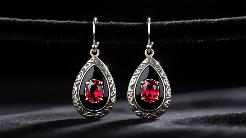 Macro shot of oxidized silver drop earrings with black enamel and red gems on dark velvet under soft studio lighting.