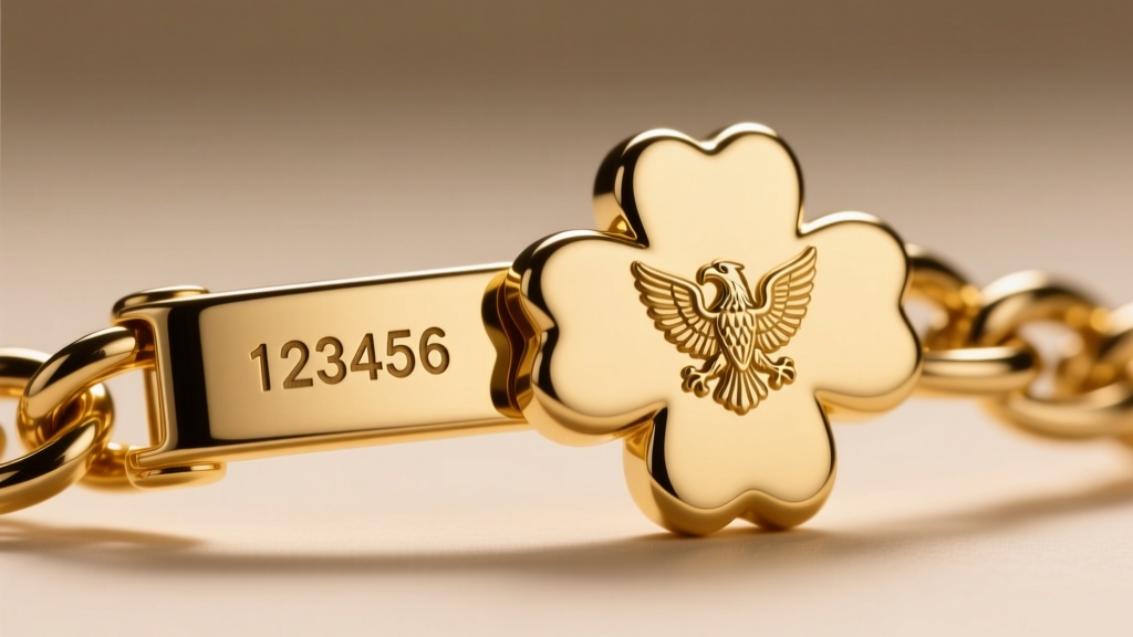 Macro photography of a gold clasp showing a laser-engraved serial number and French eagle head hallmark on a clover chain