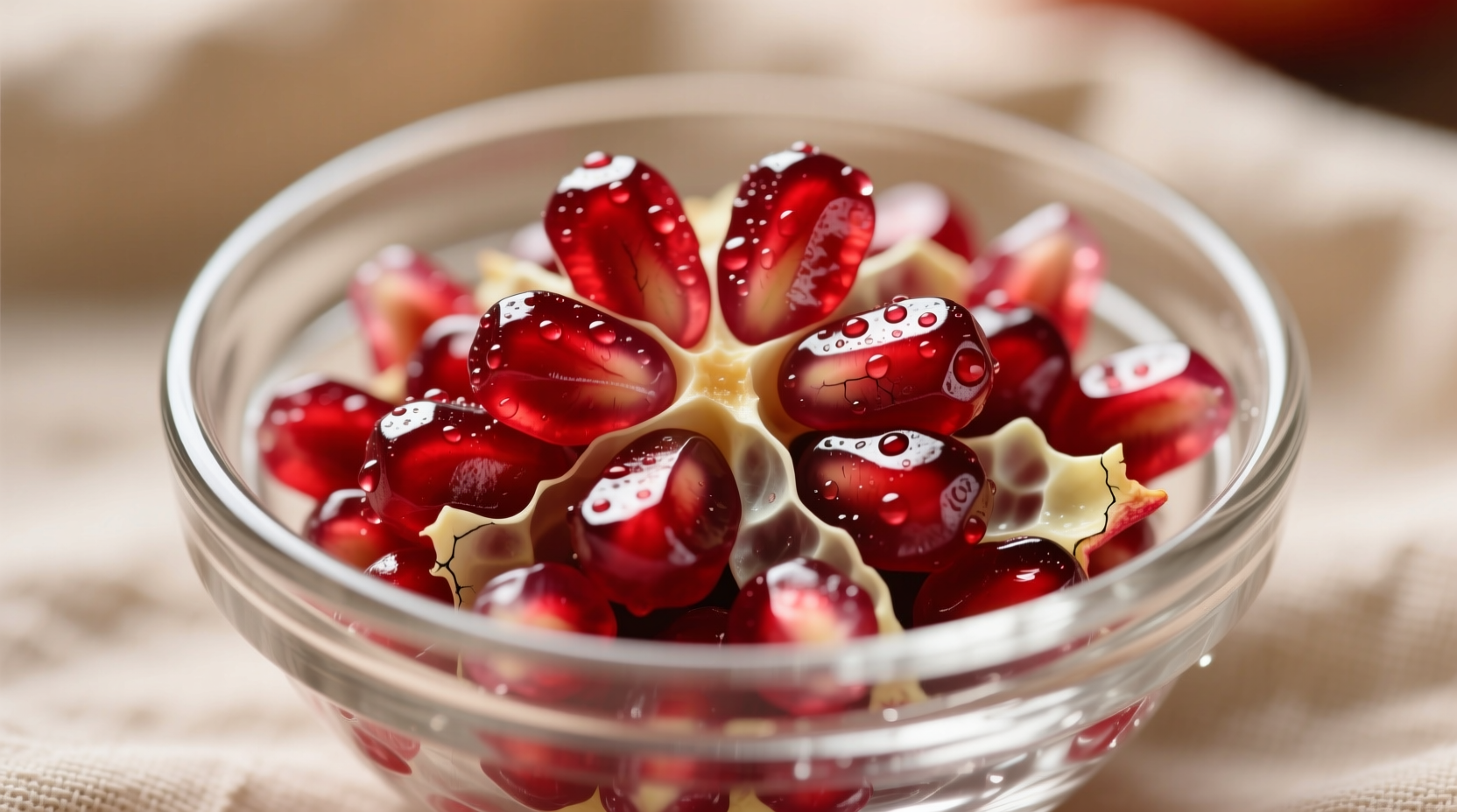 Fresh pomegranate seeds in a glass bowl