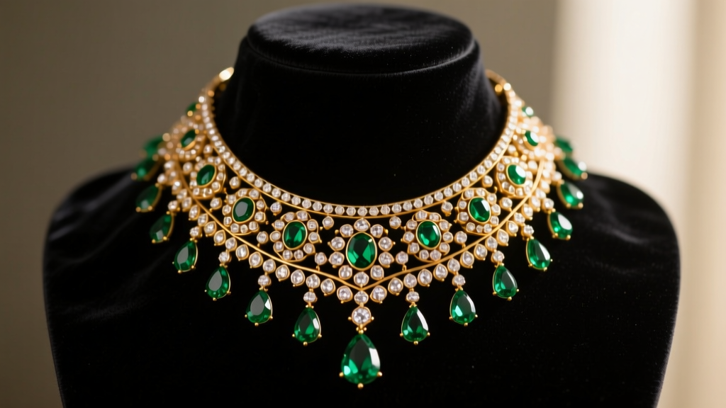 Sabyasachi bridal choker with uncut polki diamonds, emerald drops, and gold meenakari enamel on a dark velvet display bust