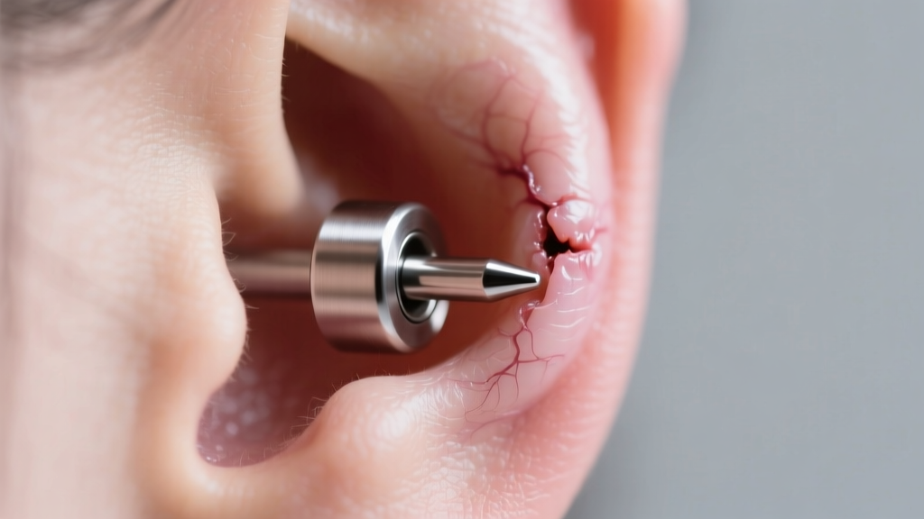 Macro view of a healed earlobe fistula with a titanium labret, studio lighting highlighting the smooth metal and healthy tissue.