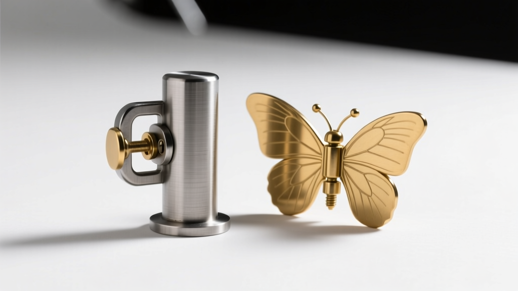 Side view of 20-gauge steel post with la pousette clutch, next to a standard brass butterfly friction back on a white surface.