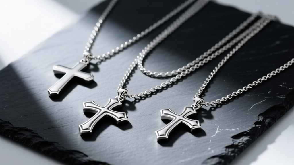 Flat lay of three layered .925 silver cross necklaces on dark slate, highlighting modern layering techniques for men.