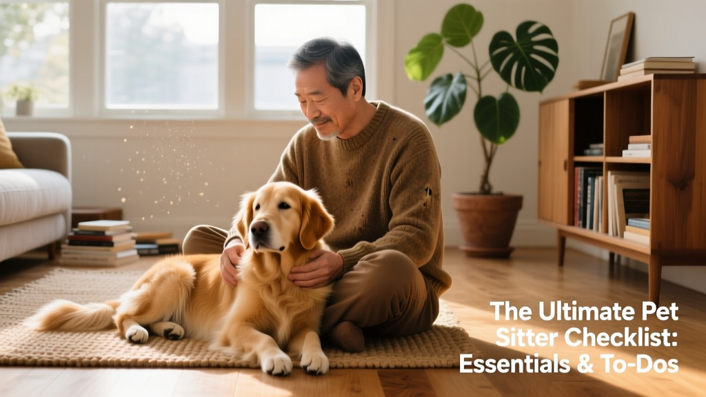Man sitting on a living room floor, gently playing with a calm Golden Retriever