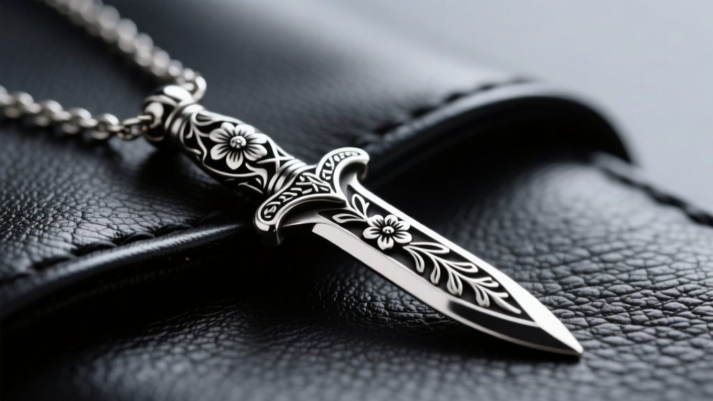 Close-up of a Chrome Hearts silver dagger pendant on leather, showing deep floral engraving and dark oxidation