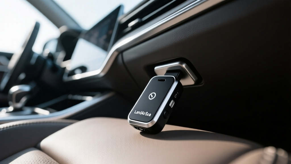 Close-up of a magnetic LandAirSea GPS tracker being hidden under the seat of a car for personal vehicle security and anti-stalking tracking.