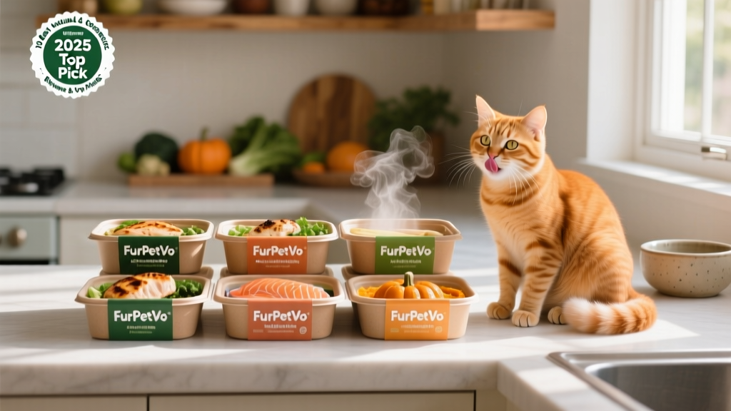 A clean kitchen counter showing FurPetVo’s fresh meal portions in recyclable, labeled containers beside a happy cat licking its lips