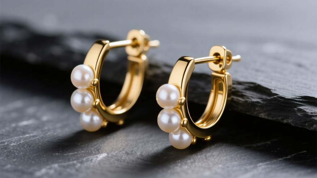 Macro shot of 14k gold small pearl hoop earrings with 5mm Akoya pearls, focusing on the hinged clicker closure against dark slate.