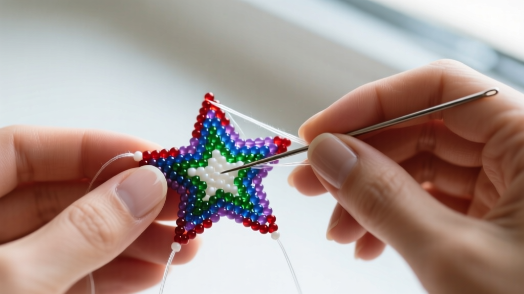 Hands using a size 10 beading needle and clear thread to weave 11/0 Miyuki seed beads into a star point brick stitch pattern.