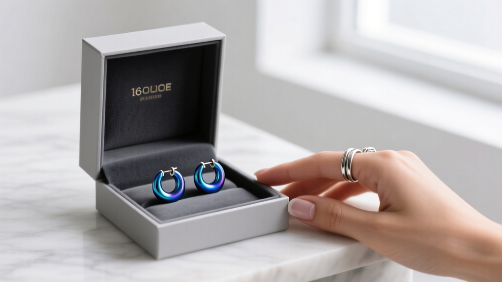 Gift box containing 16-gauge niobium anodized blue huggie hoops, placed next to a women