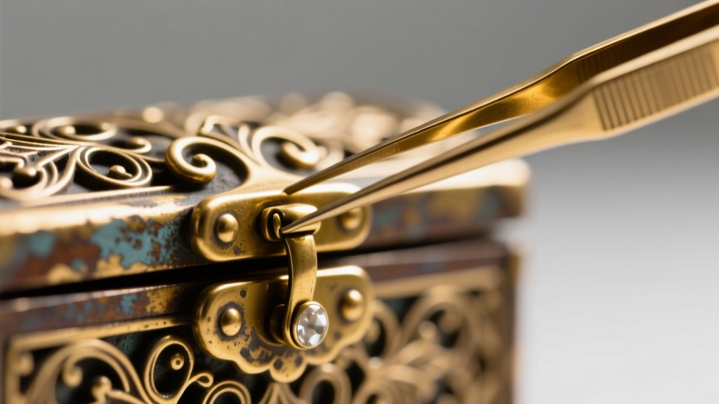 Macro shot of a vintage jewelry box clasp adjusted with precision brass tweezers under bright, focused studio lighting.