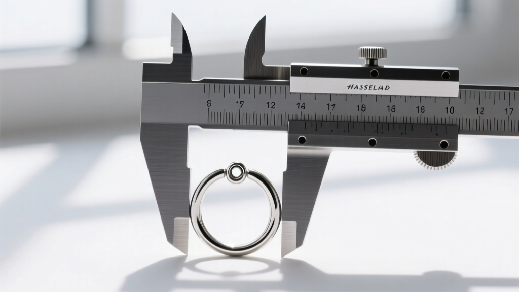 Steel calipers measuring the 1.0mm thickness of an 18-gauge 925 sterling silver clicker hoop for upper cartilage piercings