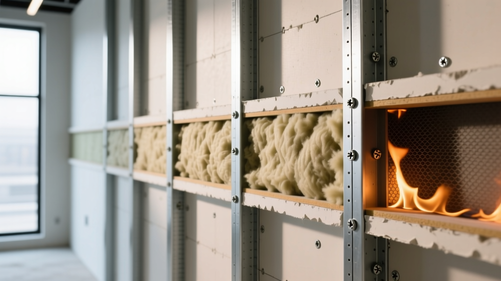 Cross-section of 2-hour fire-rated gypsum wall assembly with metal studs, mineral wool, and Type C drywall in commercial build