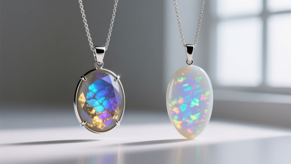 Comparison of a real rainbow moonstone pendant on a box chain next to a flawless, overly uniform opalite glass imitation stone.