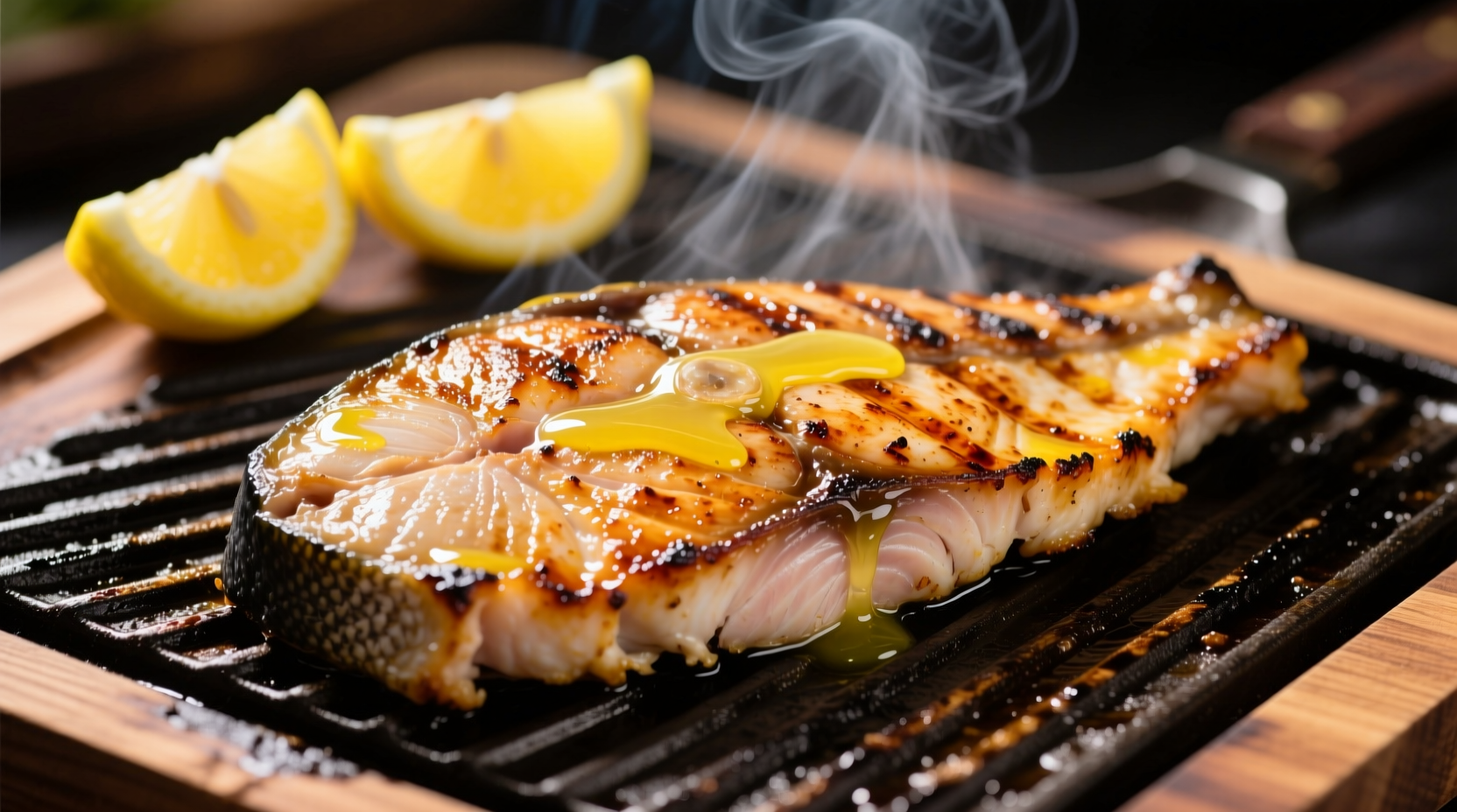 Perfectly grilled swordfish steak with lemon wedges