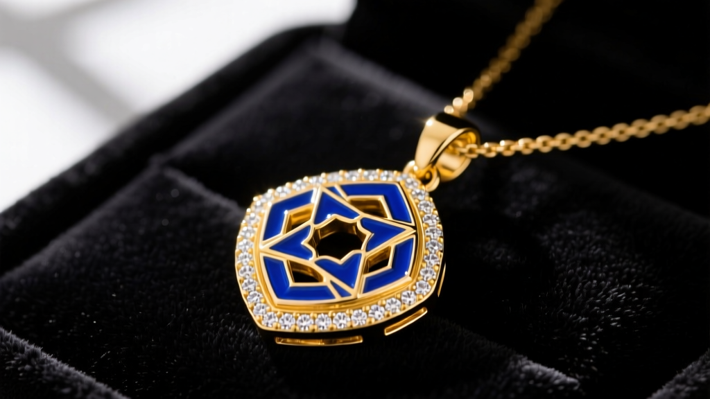 Close-up of an 18k yellow gold Pop H necklace pendant featuring vibrant blue vitreous enamel and diamond accents on dark velvet.