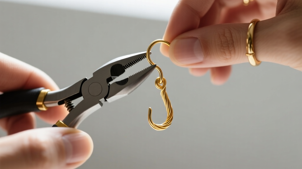 Hands using nylon-jaw pliers to gently bend a 22-gauge gold-filled leverback earring hook closed on a jeweler