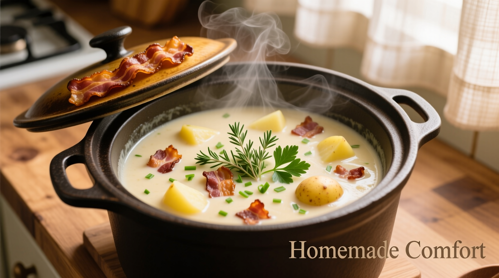 Creamy potato bacon soup in slow cooker with fresh herbs