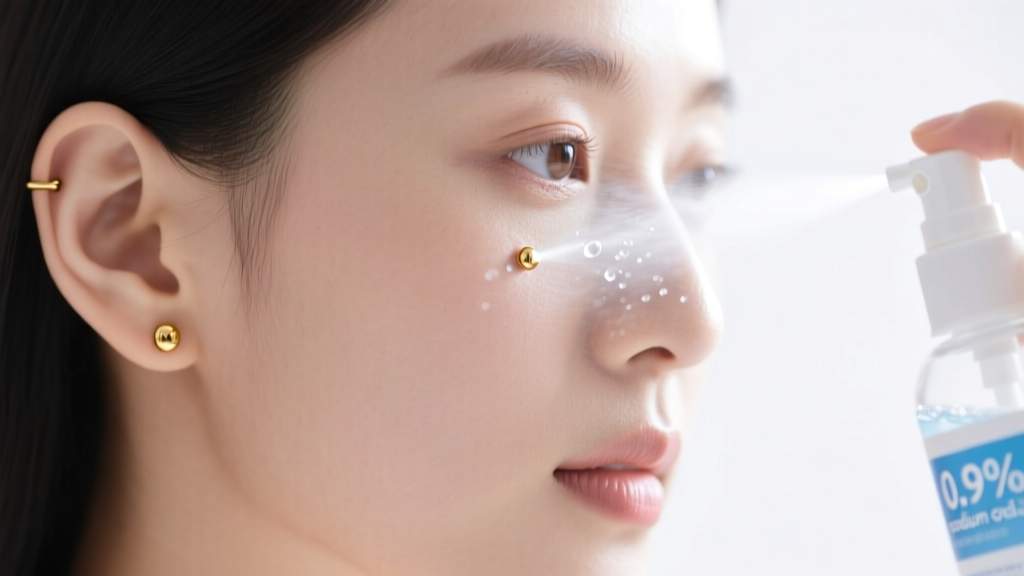 Person gently spraying sterile 0.9% sodium chloride wound wash onto a freshly pierced upper cartilage ear wearing a gold stud.