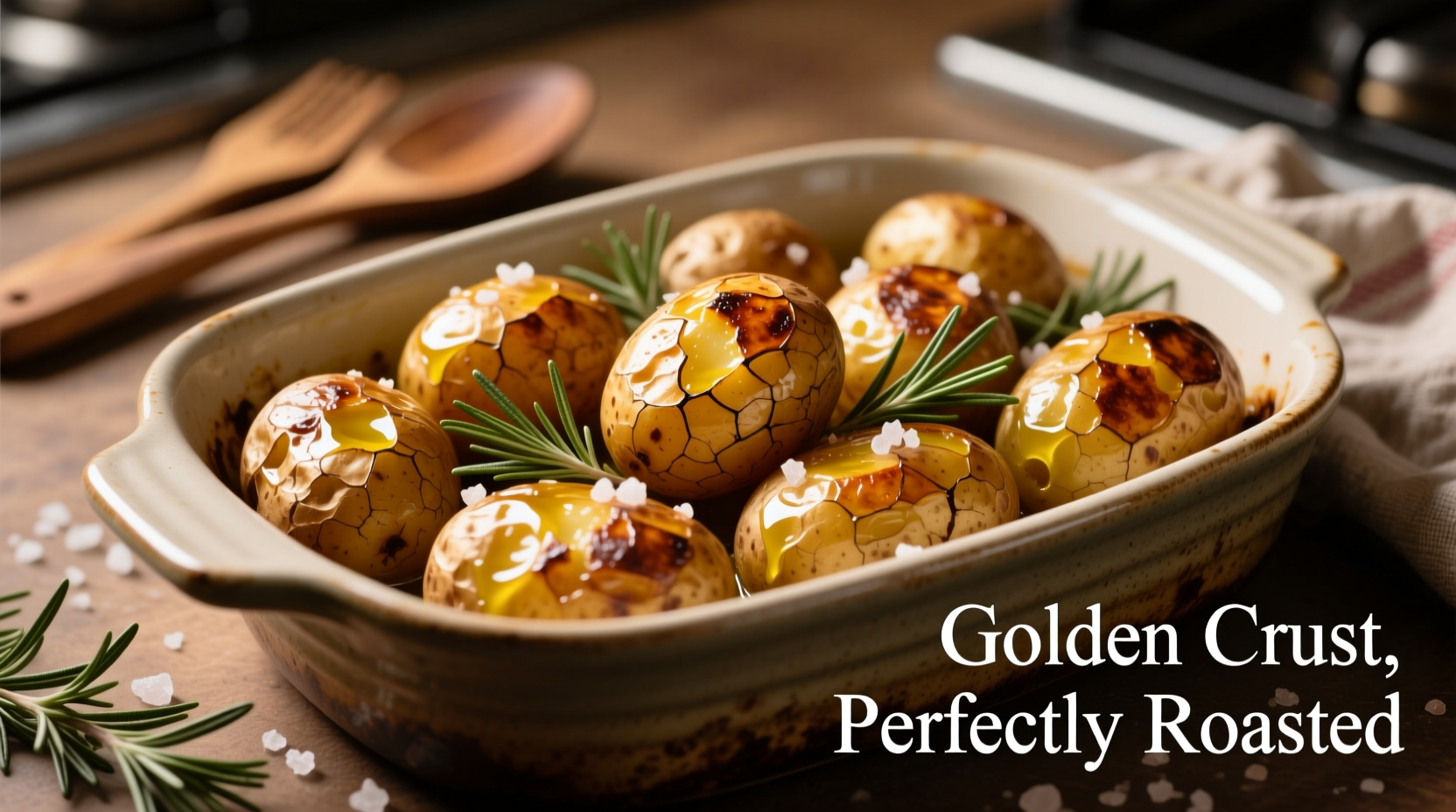 Perfectly roasted golden potatoes in oven dish