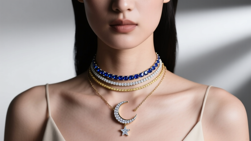 Model wearing a layered celestial stack featuring a diamond crescent moon necklace, a tiny star, and a 20-inch paperclip chain