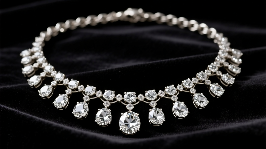 Antique 19th-century diamond rivière necklace on dark velvet, showcasing graduated brilliant-cut stones in silver collets.