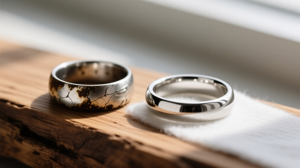 Macro shot of a tarnished silver ring resting on unsealed oak wood next to a pristine ring on acid-free cotton felt.