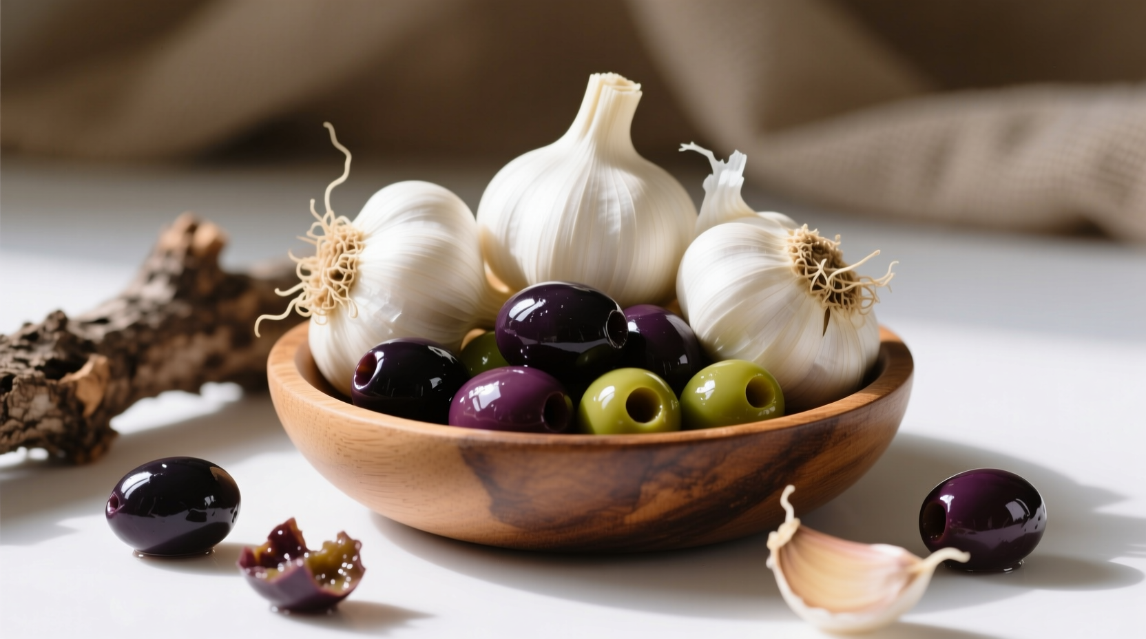 Fresh garlic cloves and Kalamata olives in wooden bowl