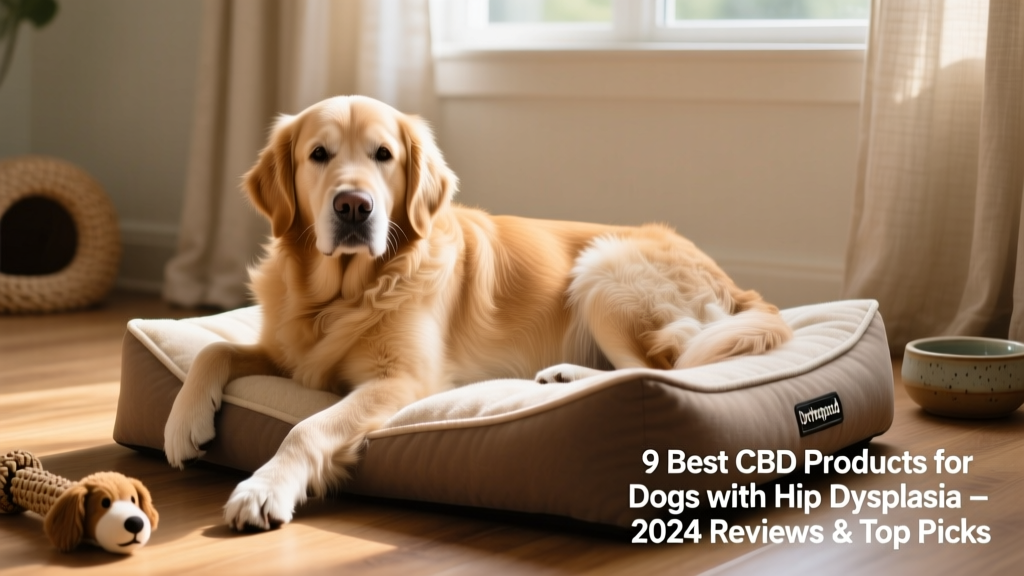 A senior golden retriever resting comfortably on a soft orthopedic dog bed, gently stretching a hind leg