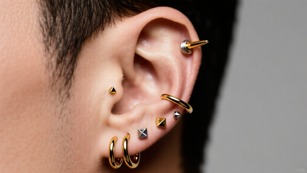 Masculine ear featuring a curated ear party with 14k gold hoops and implant-grade titanium studs in soft studio lighting