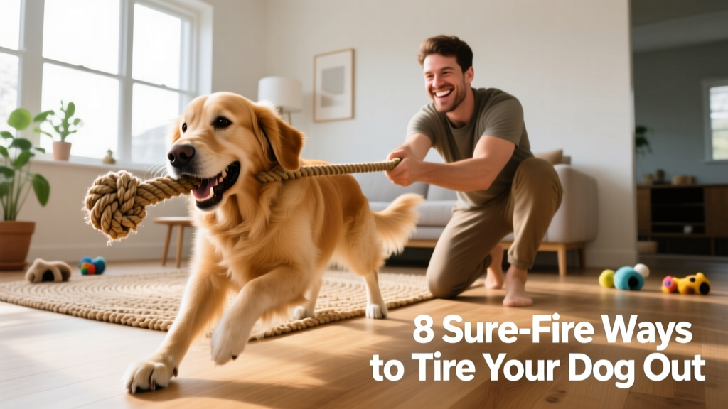 Dog playing tug-of-war with owner using a durable rope toy indoors