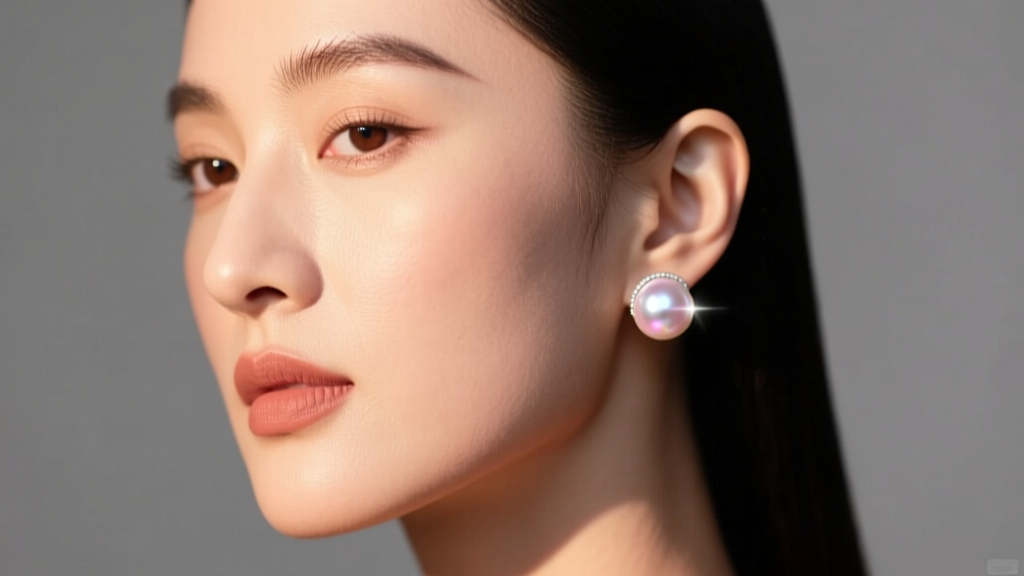 Cinematic portrait of a woman with pearl earring, featuring a 14mm South Sea pearl drop against soft, directional studio light