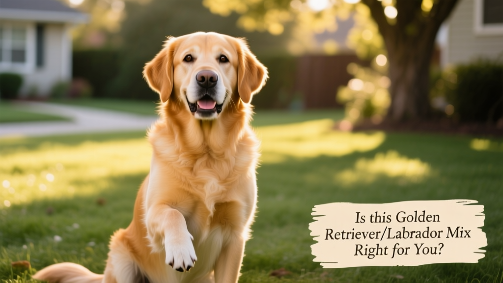 A happy, medium-to-large Goldador sitting outdoors with a gentle expression and shiny coat
