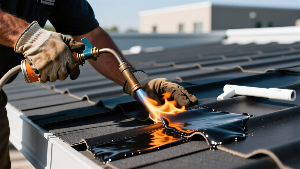 Close-up of a roofing professional using a propane torch to melt and seal dark modified bitumen cap sheets on a commercial flat roof