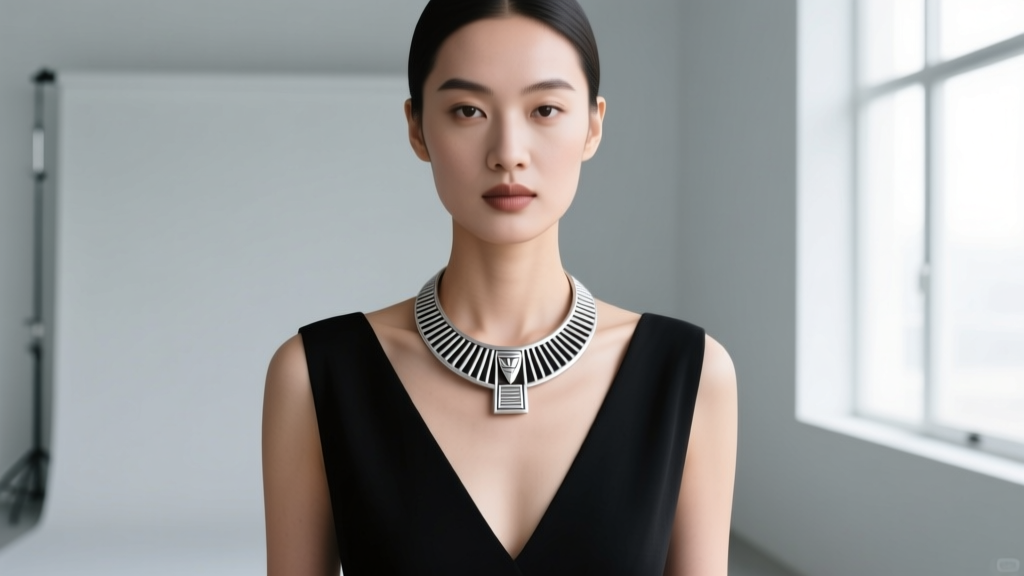 Woman wearing a minimalist sterling silver Egyptian collar necklace over a black V-neck dress, highlighting her collarbone area.
