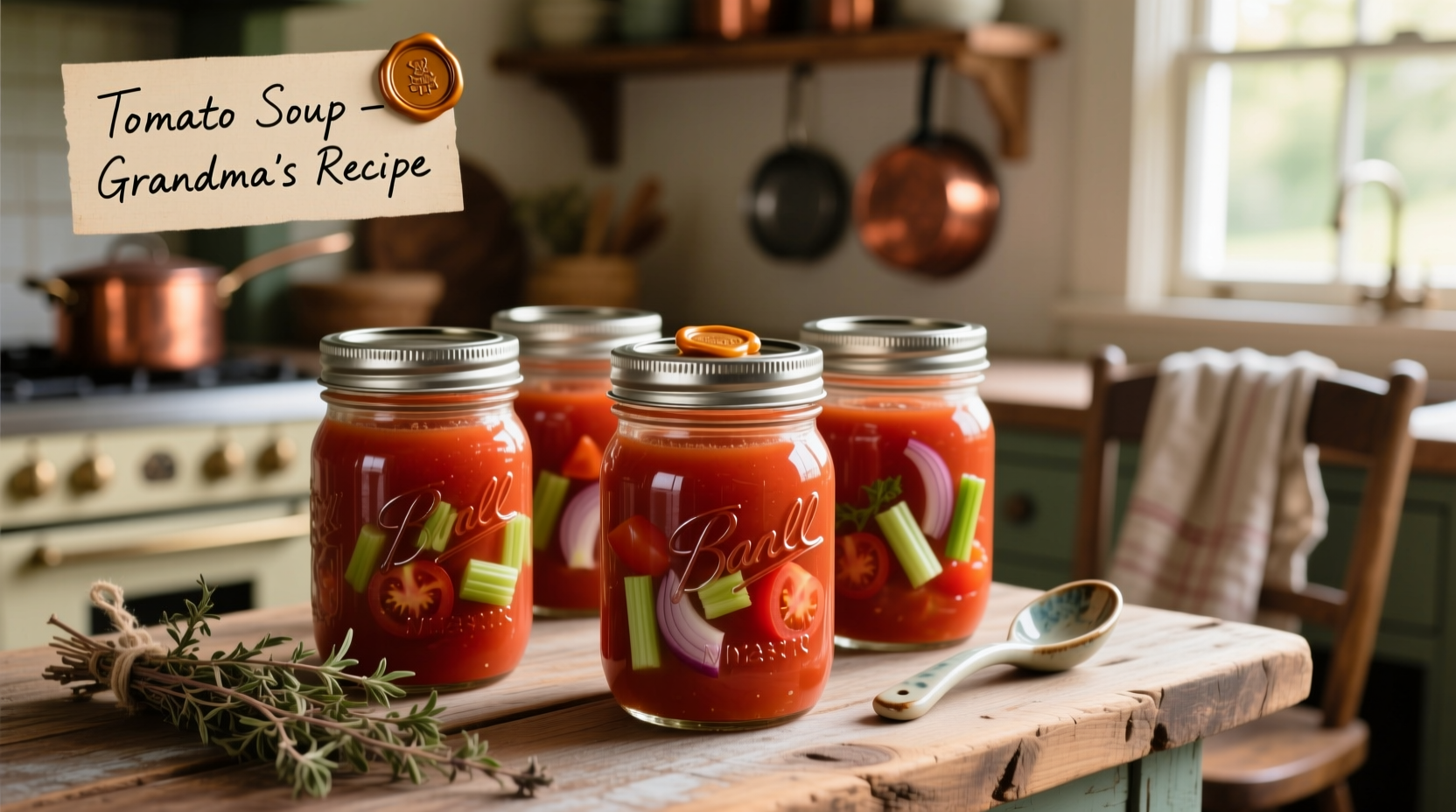 Properly sealed mason jars of homemade tomato soup