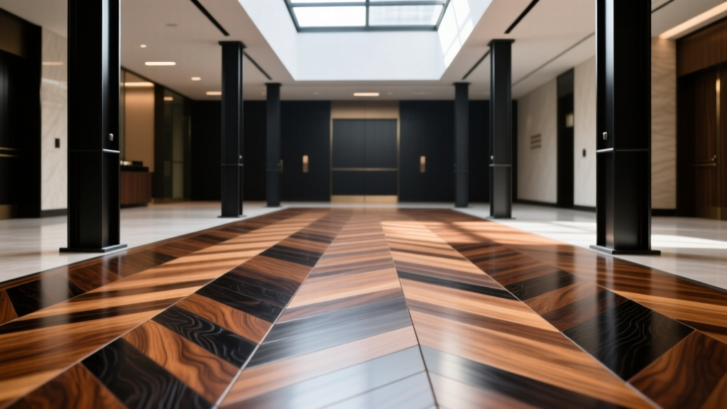 Close-up of polished Macassar ebony heavy-duty flooring planks installed in a luxury commercial lobby with steel structural supports visible