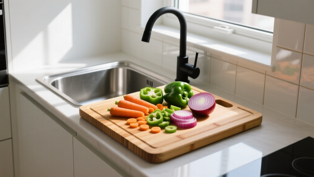 Expandable bamboo cutting board resting over a stainless steel sink with chopped vegetables in a compact apartment kitchen