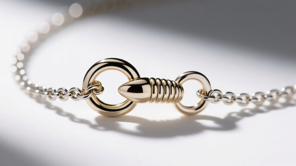 Macro shot of a 14k white gold lobster clasp on a 1.2mm box chain, highlighting the spring mechanism and soldered jump ring.